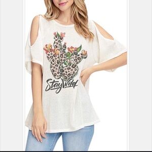 ONE LEFT! Cold shoulder “Stay Wild” top with Southwestern cactus print